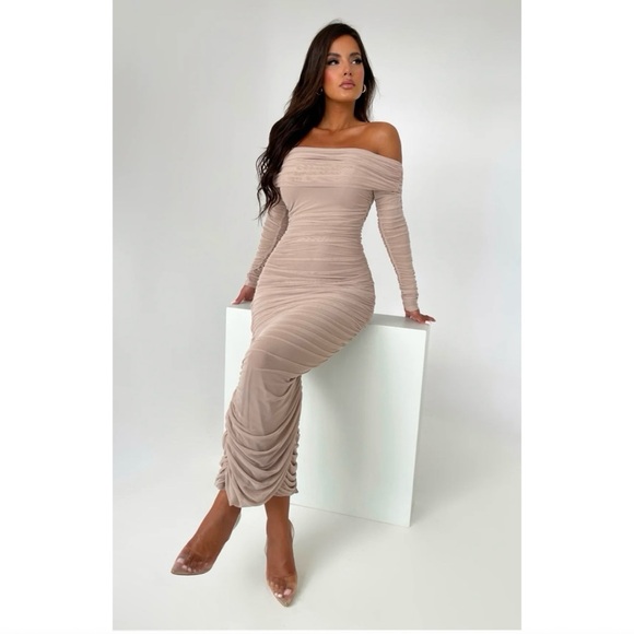 Label Nue NWTLILLIE TAUPE DRESS Elegant Off-Shoulder Beige Dress - Picture 2 of 4